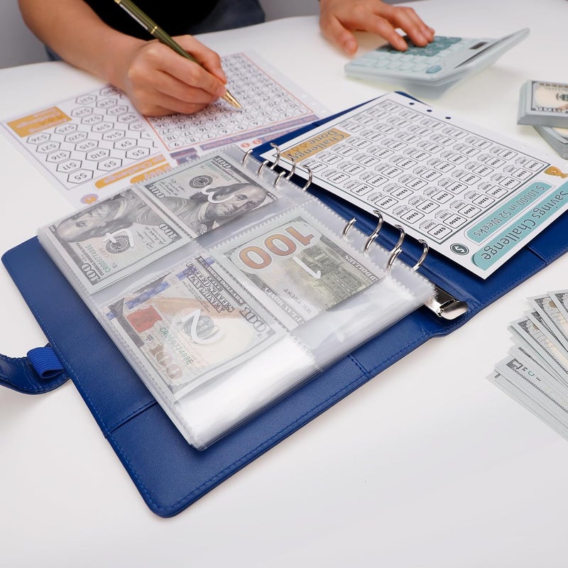 Antner 100 Envelopes Money Saving Challenge Money Saving Binder, Savings Challenges Book with Envelopes & Challenge Tracker to Save $5,050 and $10,000 and $500, A5 Budget Planner Cash Book, Navy Blue - Image 5